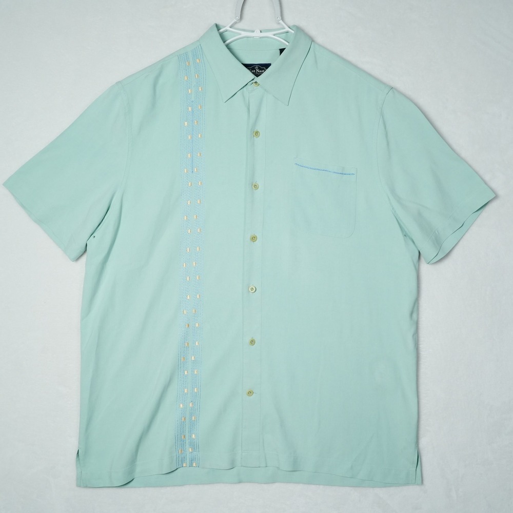 Nat Nast Luxury Originals Silk Short Sleeve Shirt Seafoam Green Embroidered L